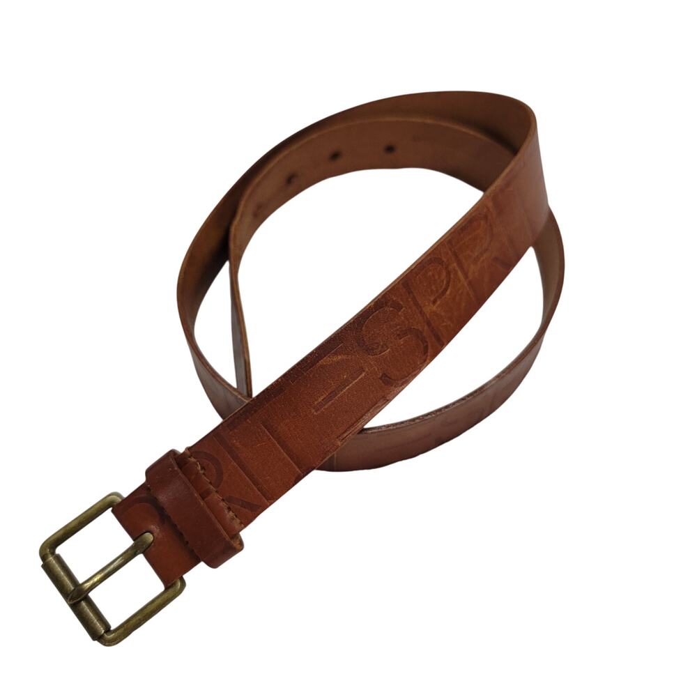 Vintage Esprit Brown Leather Belt Size L Large Embossed Spell Out Logo 90s Brass